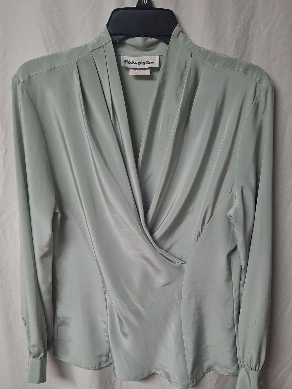 Vintage Helene St Marie Gray Satin Plunging Faux Wrap Blouse Size 6 Low Cut